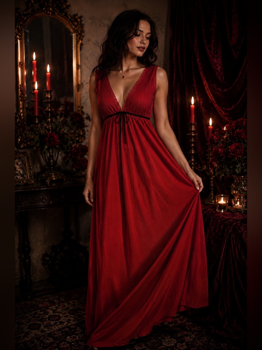 Vintage Red Empire Waist Maxi Dress Lace Trim 90s Whimsigoth Slip Dress M